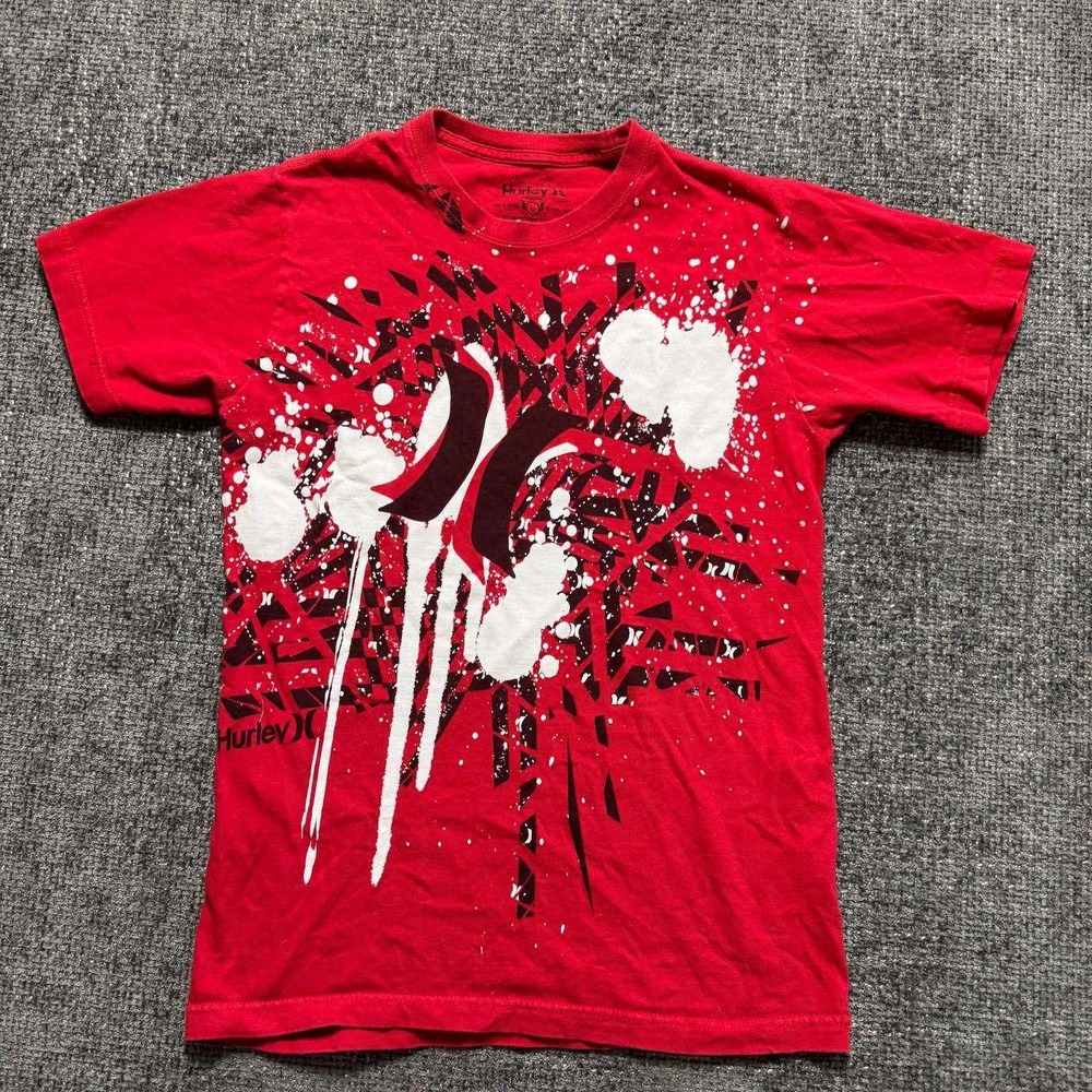 Hurley Graphic T-Shirt Mens Small Red Y2K Skater Splatter Print Short Sleeve
